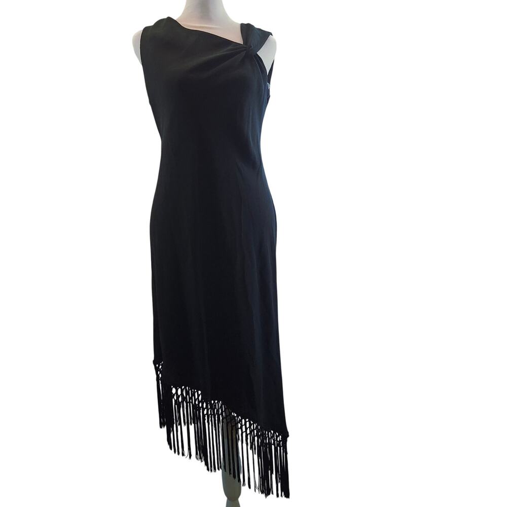 NWT Black Sz 8P S.L.Fashion Petite Dress Asymetrical Fringe Midi Thength Sleeve